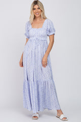 Blue Ditsy Floral Smocked Puff Sleeve Maxi Dress