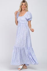 Blue Ditsy Floral Smocked Puff Sleeve Maxi Dress