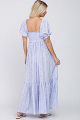 Blue Ditsy Floral Smocked Puff Sleeve Maxi Dress