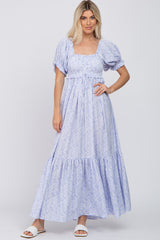 Blue Ditsy Floral Smocked Puff Sleeve Maxi Dress