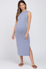 Blue Sleeveless Side Slit Maternity Midi Dress