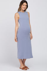 Blue Sleeveless Side Slit Maternity Midi Dress