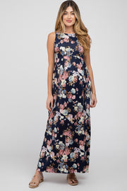 Navy Floral Sleeveless Maternity Maxi Dress