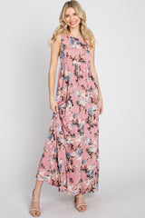 Pink Floral Sleeveless Maxi Dress