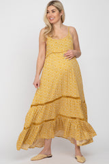 Yellow Ditsy Floral Crochet Accent Maternity Maxi Dress