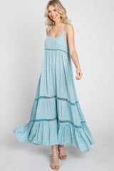 Light Blue Ditsy Floral Crochet Accent Maxi Dress