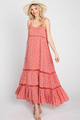 Coral Ditsy Floral Crochet Accent Maxi Dress