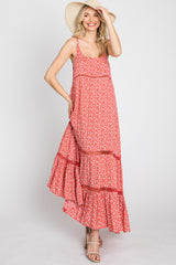 Coral Ditsy Floral Crochet Accent Maxi Dress