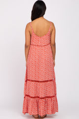 Coral Ditsy Floral Crochet Accent Maternity Maxi Dress