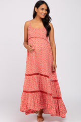 Coral Ditsy Floral Crochet Accent Maternity Maxi Dress