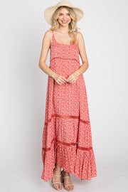 Coral Ditsy Floral Crochet Accent Maxi Dress