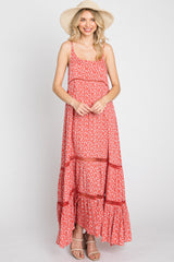 Coral Ditsy Floral Crochet Accent Maternity Maxi Dress