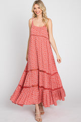 Coral Ditsy Floral Crochet Accent Maxi Dress