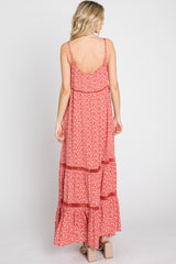 Coral Ditsy Floral Crochet Accent Maxi Dress