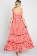 Coral Ditsy Floral Crochet Accent Maxi Dress