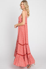 Coral Ditsy Floral Crochet Accent Maxi Dress