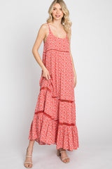 Coral Ditsy Floral Crochet Accent Maxi Dress