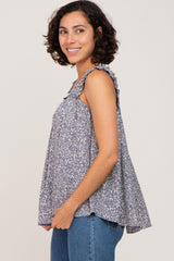 Blue Floral Square Neck Ruffle Strap Top