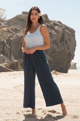 Navy Blue Linen Wide Leg Pants