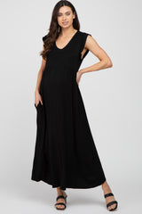 Black Flutter Sleeve Maternity Maxi Dress