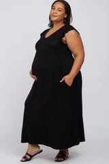 Black Flutter Sleeve Maternity Plus Maxi Dress