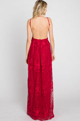 Burgundy Crochet Lace Open Back Maxi Dress