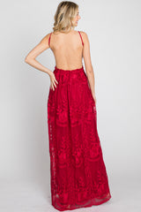 Burgundy Crochet Lace Open Back Maxi Dress