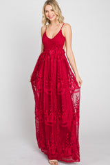 Burgundy Crochet Lace Open Back Maxi Dress