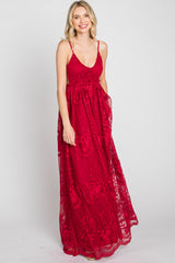 Burgundy Crochet Lace Open Back Maxi Dress