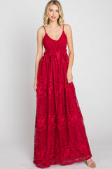 Burgundy Crochet Lace Open Back Maxi Dress