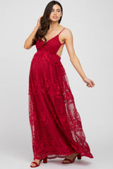 Burgundy Crochet Lace Open Back Maternity Maxi Dress