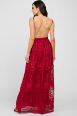 Burgundy Crochet Lace Open Back Maternity Maxi Dress