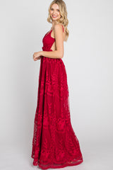 Burgundy Crochet Lace Open Back Maxi Dress