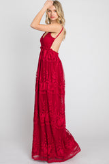 Burgundy Crochet Lace Open Back Maxi Dress