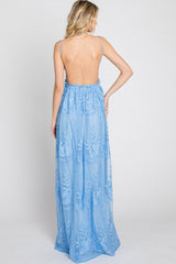 Blue Crochet Lace Open Back Maxi Dress