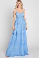 Blue Crochet Lace Open Back Maxi Dress