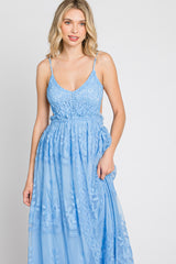 Blue Crochet Lace Open Back Maxi Dress