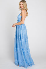 Blue Crochet Lace Open Back Maxi Dress