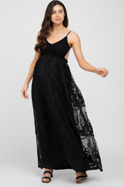 Black Crochet Lace Open Back Maternity Maxi Dress