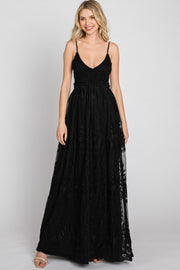 Black Crochet Lace Open Back Maxi Dress