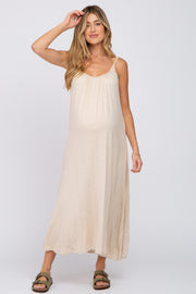 Beige Solid Sleeveless Maternity Maxi Dress