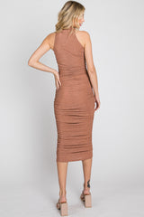 Mauve Glitter Mock Neck Ruched Fitted Midi Dress