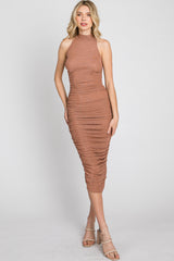 Mauve Glitter Mock Neck Ruched Fitted Midi Dress