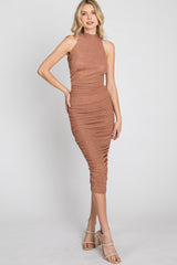 Mauve Glitter Mock Neck Ruched Fitted Midi Dress