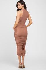 Mauve Glitter Mock Neck Ruched Fitted Maternity Midi Dress