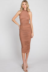 Mauve Glitter Mock Neck Ruched Fitted Midi Dress