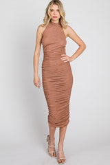 Mauve Glitter Mock Neck Ruched Fitted Midi Dress