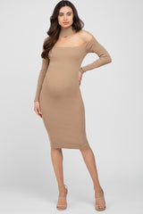 Mocha Knit Cutout Neckline Long Sleeve Maternity Midi Dress