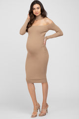 Mocha Knit Cutout Neckline Long Sleeve Maternity Midi Dress