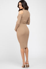 Mocha Knit Cutout Neckline Long Sleeve Maternity Midi Dress